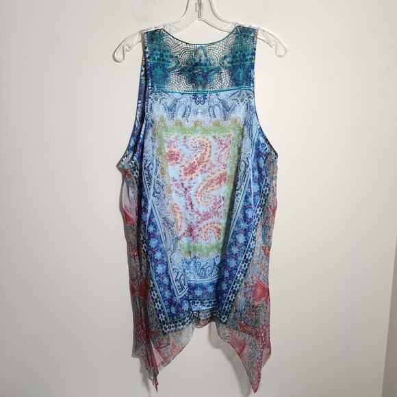 Emerald colorful floral print shark bite hem crochet back blouse woman's size 2X - Picture 4 of 10